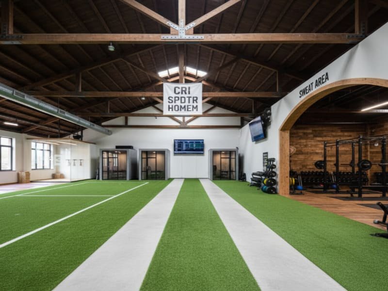 QC-specialist meet een grote rol groen gymgras met een lasermaat.